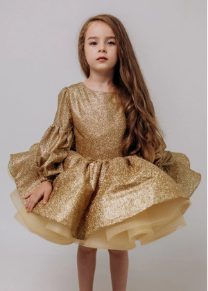 Long Sleeves Gold Glitter Flower Girl Dress